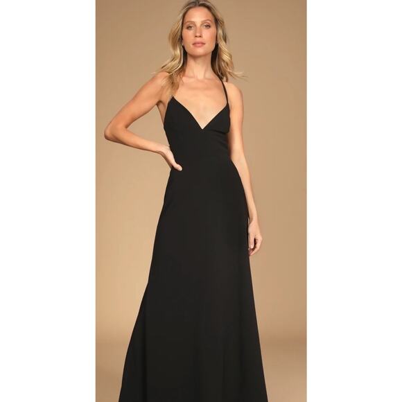 LULUS Be My Date Black Backless Lace Up V Neck Maxi Dress Size Large New - Picture 10 of 11